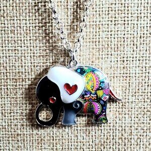 Handpainted Enamel Elephant, Necklace - White Ears, Black Trunk, Grey front Leg.